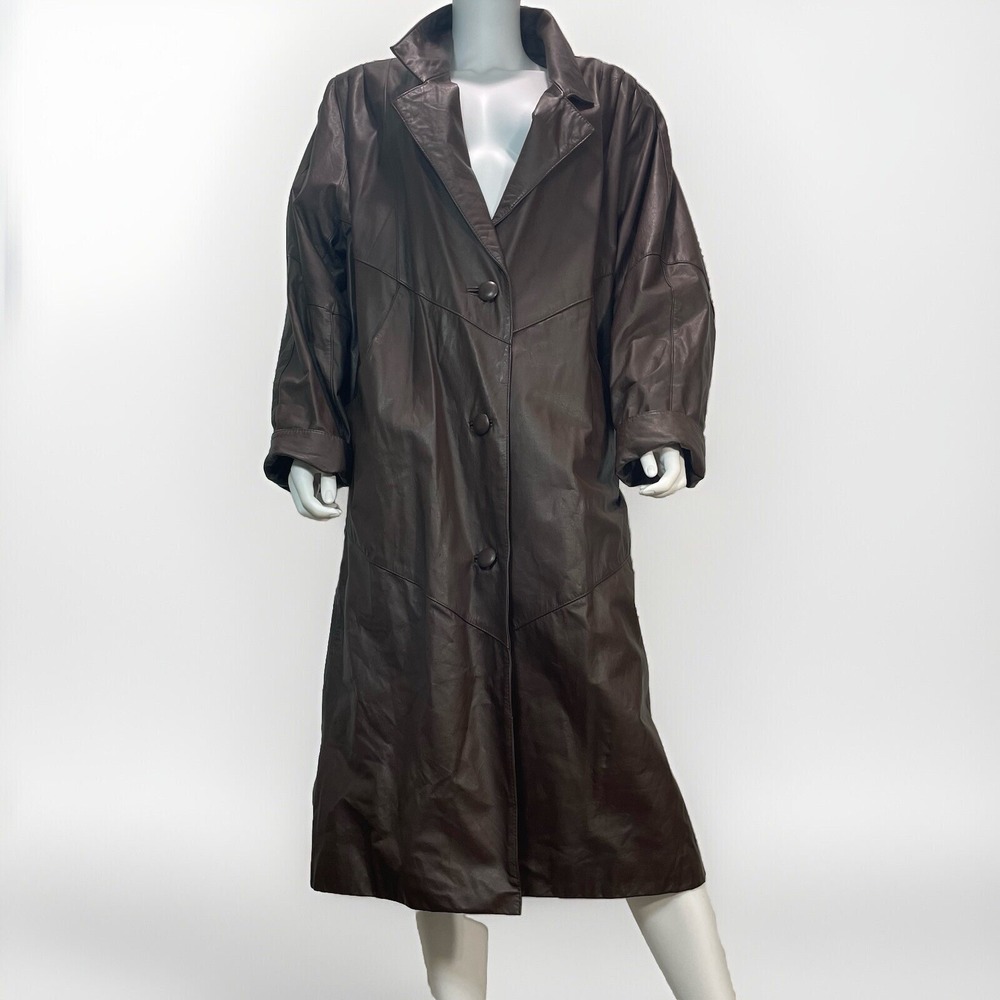 vintage long brown leather womens jacket Size Large Shoulder Pads 80s